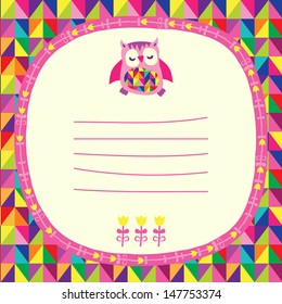 Owls doodle frame and triangles seamless background. Place for text. Hand drawn vector illustration.