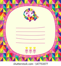 Owls doodle frame and triangles seamless background. Place for text. Hand drawn vector illustration.