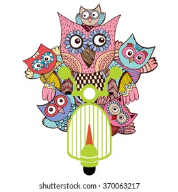 Owls Doodle on Motorcycle Vector