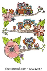 Owls Doodle with Tree and Flower Freehand Vector