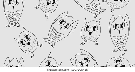 Owls. Drawn abstract owls. Seamless pattern of drawn owls. Vector graphics