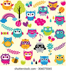 owls and elements clip art set