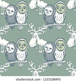 owls and elk seamless pattern
