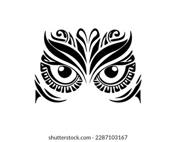 ﻿Tattoo of an owl's face in black and white, decorated with Polynesian designs.