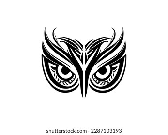 ﻿Tattoo of an owl's face in black  white with Polynesian designs.