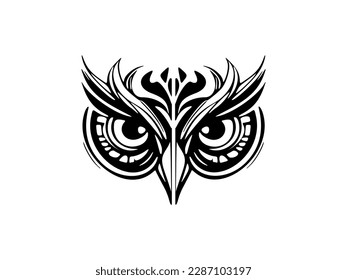 ﻿Tattoo of an owl's face in black  white w Polynesian designs.