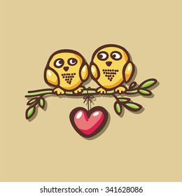 owls fall in love on the branch. Vector illustration