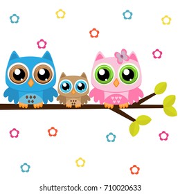 Owls family on a branch on a flowers background
