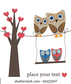 Owls family on heart tree. Vector