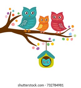 Owls family sitting on a branch. Mother, father, son and daugther on the tree. Family concept. Can be used for textile, print, child cloth, wallpaper, notebook, wrapping.