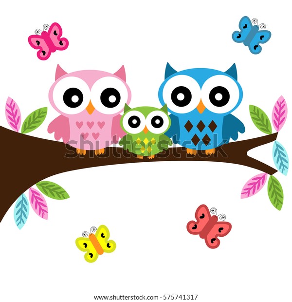 Download Owls Family Sitting On Branch Stock Vector (Royalty Free) 575741317