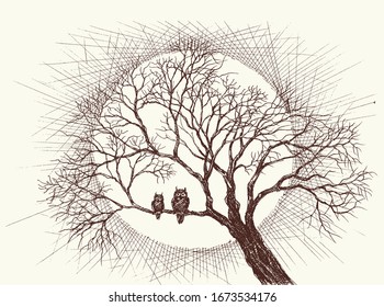 Owls family in a tree over full moon background