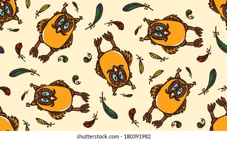 Owls and feathers pattern. Cartoon character