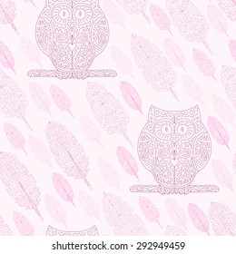 Owls and Feathers seamless pattern 