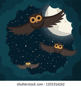 the owls flies in the clouds under moon. Vector illustration