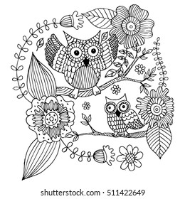 Owls with Flower and Butterfly Doodle Vector. Coloring page with doodle owl vector.