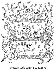 Owls With Flower And Butterfly Doodle Vector. Coloring Page With Doodle Owl Vector.