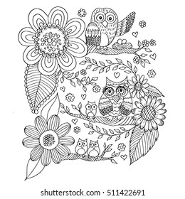 Owls with Flower and Butterfly Doodle Vector. Coloring page with doodle owl vector.