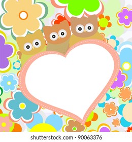 owls in flowers with big heart. vector greetings card