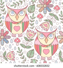 Owls and flowers seamless pattern. Cute owl print. Scrapbook paper.