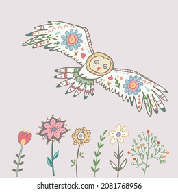 Owls with flowers vector illustration