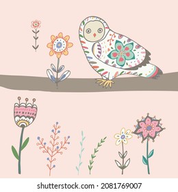 Owls with flowers vector illustration