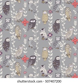 owls and flowers vector pattern