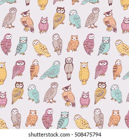 owls and flowers vector pattern