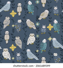 Owls in flowers vector seamless pattern