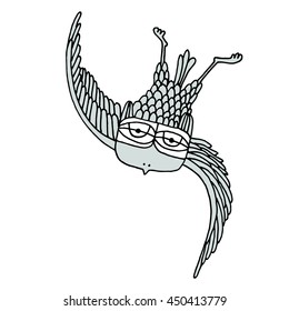 Owls are flying wings looked like consonant S, Art colour book, hand drawn, illustration bird, T-shirt Graphics, cute cartoon characters
