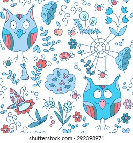 Owls forest vector seamless pattern