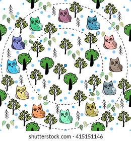 Owls in the forest vector seamless pattern