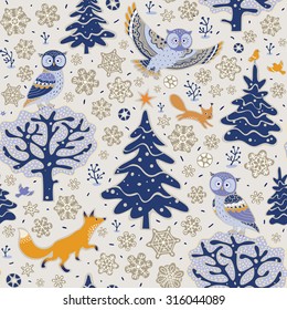 Owls, fox, squirrel, birds, trees and snowflakes. Winter forest background. Seamless pattern.