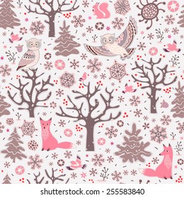 Owls, foxes, squirrel, birds, trees and snowflakes. Winter forest background. Seamless pattern.