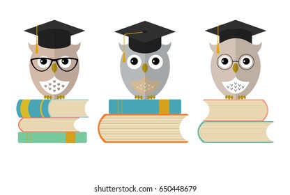 Owls in graduation cap with books. Set of cute owls icons 