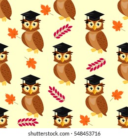 Owls with graduation caps seamless pattern, background