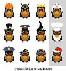 Owls with hat, helmet, cap, bandanna and crown