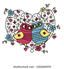 Owls, he and she sit in the heart. Vector drawing