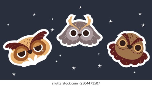 Pegatinas de cabeza de búhos línea de arte plano estilo simple conjunto aislado. Vector Diseño gráfico elemento de ilustración