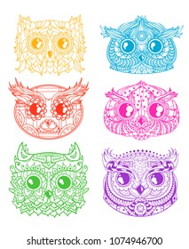 Owls. Heads. Design Zentangle. Hand drawn owl with abstract patterns on isolation background. Design for spiritual relaxation for adults