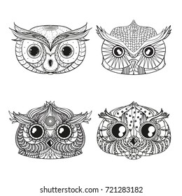 Owls. Heads. Design Zentangle. Hand drawn owl with abstract patterns on isolation background. Design for spiritual relaxation for adults. Outline for tattoo, printing on t-shirts, posters and other