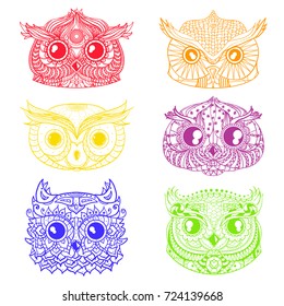 Owls. Heads. Design Zentangle. Hand drawn owl with abstract patterns on isolation background. Design for spiritual relaxation for adults. Outline for tattoo, printing on t-shirts. Doodles for icons