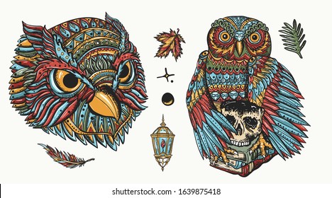 Owls heads. Old school tattoo collection. Fairy tale art. Magic birds set, traditional tattooing style 