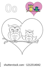 Owls in heart vector coloring book page for word starting with letter O