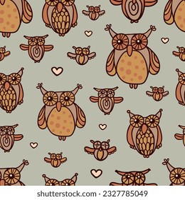 Owls and hearts abstract seamless pattern. Wild forest birds vector images on grey background. Simple doddle cartoon color icons design