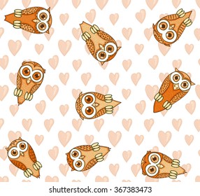 Owls with hearts - pastel seamless background in cartoon style. Hand drawn vector design. Endless pattern for Valentines day.
