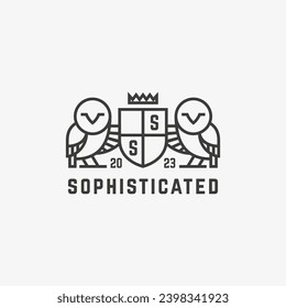 Owls heraldic logo design template. Linear graphic style. Vector illustration.