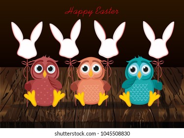 An owls is holding an Easter bunny from a paper on a stick. Vector on wooden background. Greeting card or invitation for the holiday. Empty space for text.