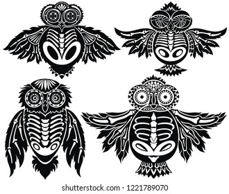 Owls illustration in tribal style. For poster, print, card, banner