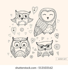 Owls isolated. Cute birds. Set collection. Vector. Coloring book page for adult. Zentangle forest animal. Hand drawn artwork. Illustration, gift greeting card, branding, logo label. Beige, black color